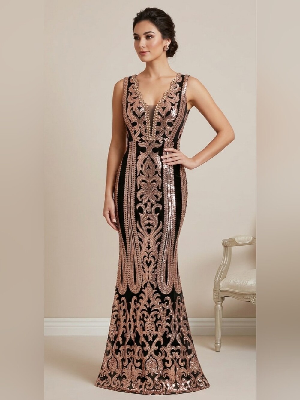 Source Unknown Black Maxi Dress with Rose Gold Sequin Accents